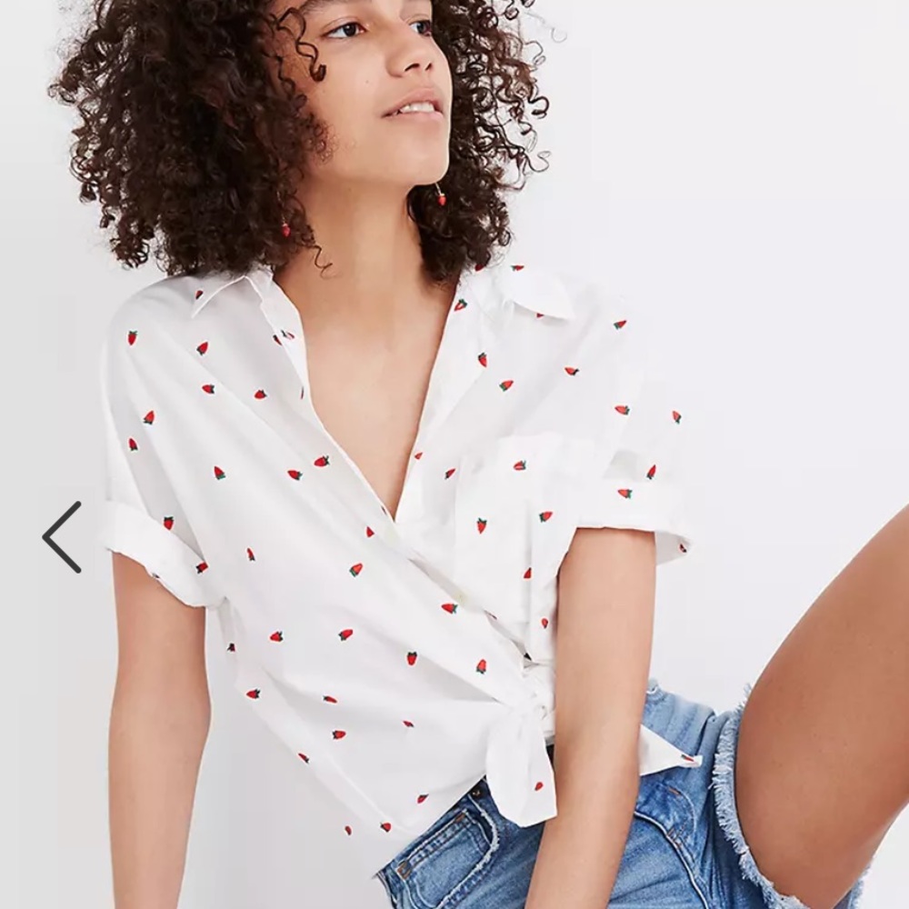 Madewell Embroidered Short-Sleeve Tie-Front Shirt Strawberry Print Size M - Picture 6 of 11